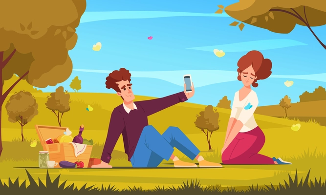 Picnic cartoon concept with young couple having romantic weekend outdoors vector illustration