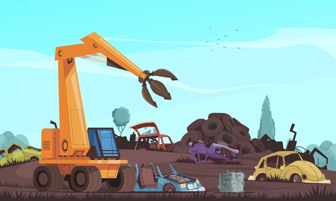 Car dump cartoon composition with crushed auto landfill vector illustration