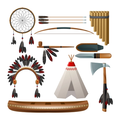 Ethnic american indigenous tribal culture decorative set isolated vector illustration