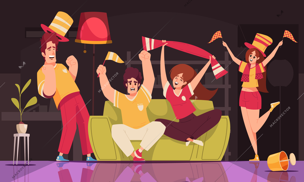 Sports fans cartoon composition with happy people celebrating victory at home vector illustration