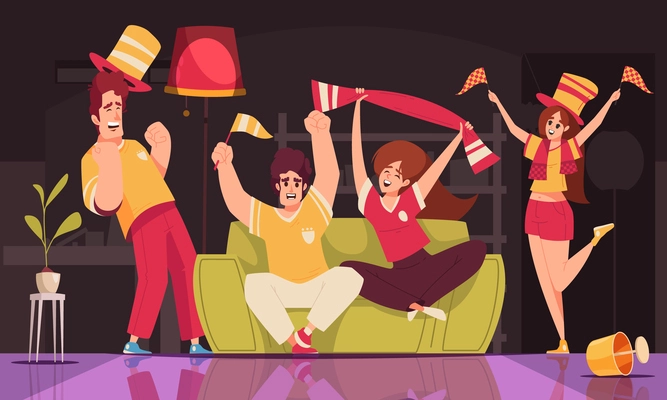 Sports fans cartoon composition with happy people celebrating victory at home vector illustration