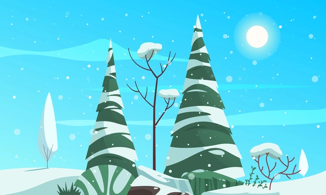 Ecosystem types cartoon poster with pine trees covered with snow vector illustration