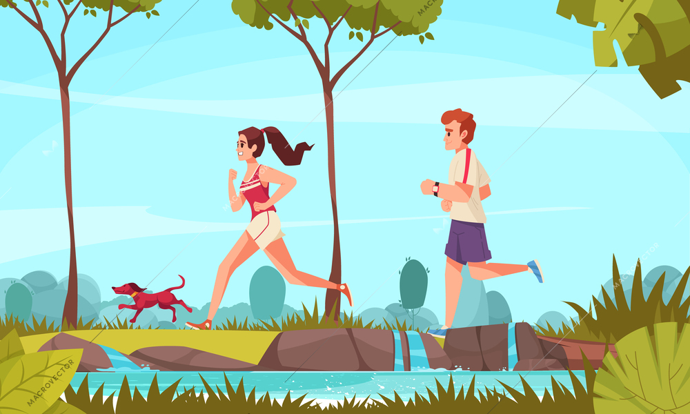 City runner cartoon concept with young couple running in park vector illustration