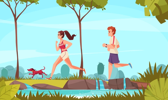 City runner cartoon concept with young couple running in park vector illustration