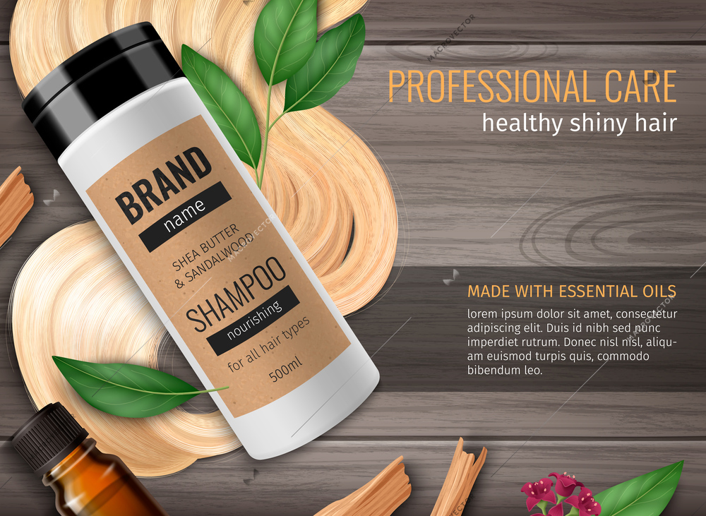 Shampoo realistic poster with blond hair curl on wooden background vector illustration