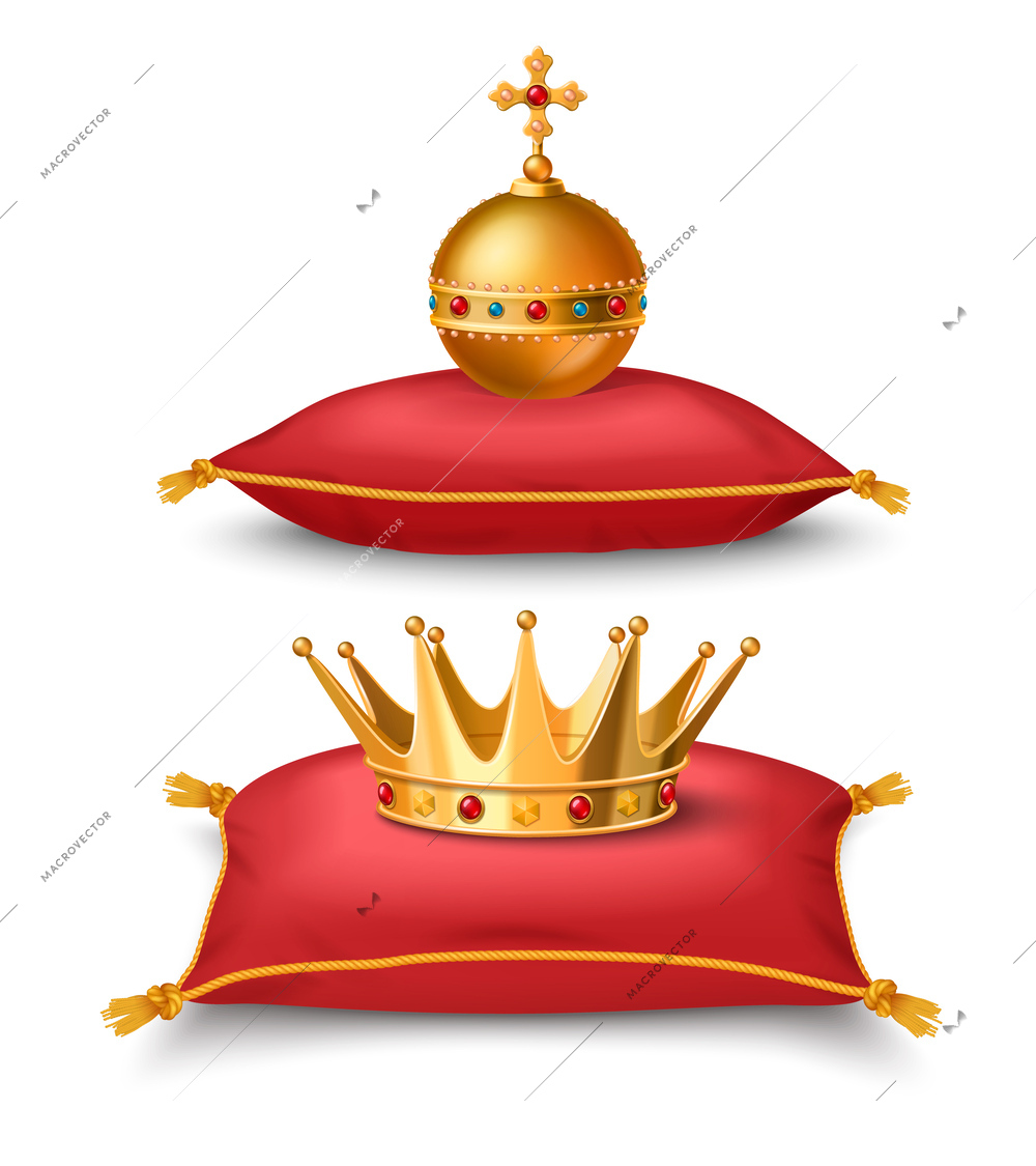 Royal power symbols set with kings crown and orb on red pillow isolated vector illustration