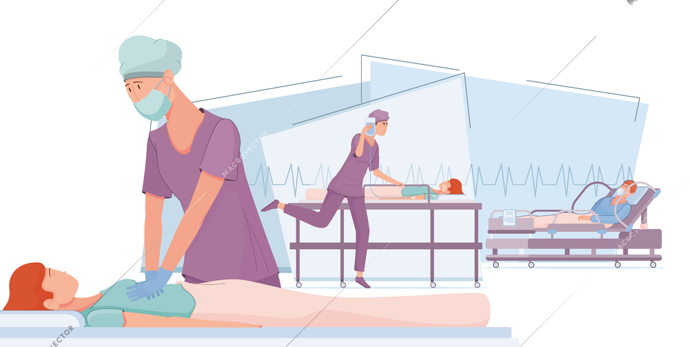 Resuscitation intensive care composition with flat views of medical procedures with characters of patients and physicians vector illustration