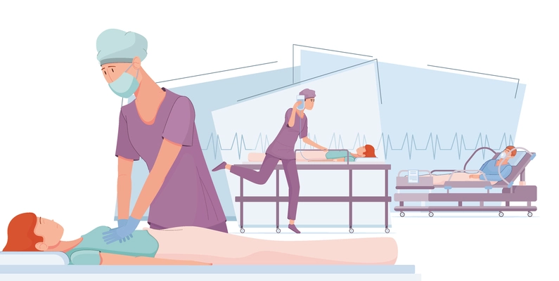 Resuscitation intensive care composition with flat views of medical procedures with characters of patients and physicians vector illustration