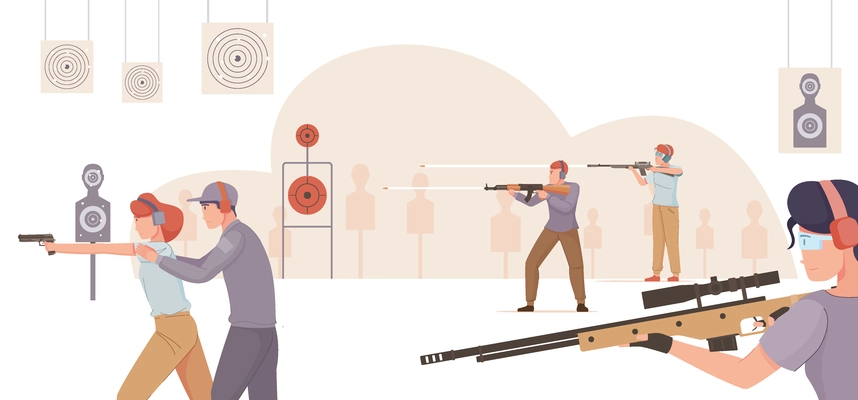 Shooting range flat composition with horizontal view of area with paper targets and people pointing guns vector illustration