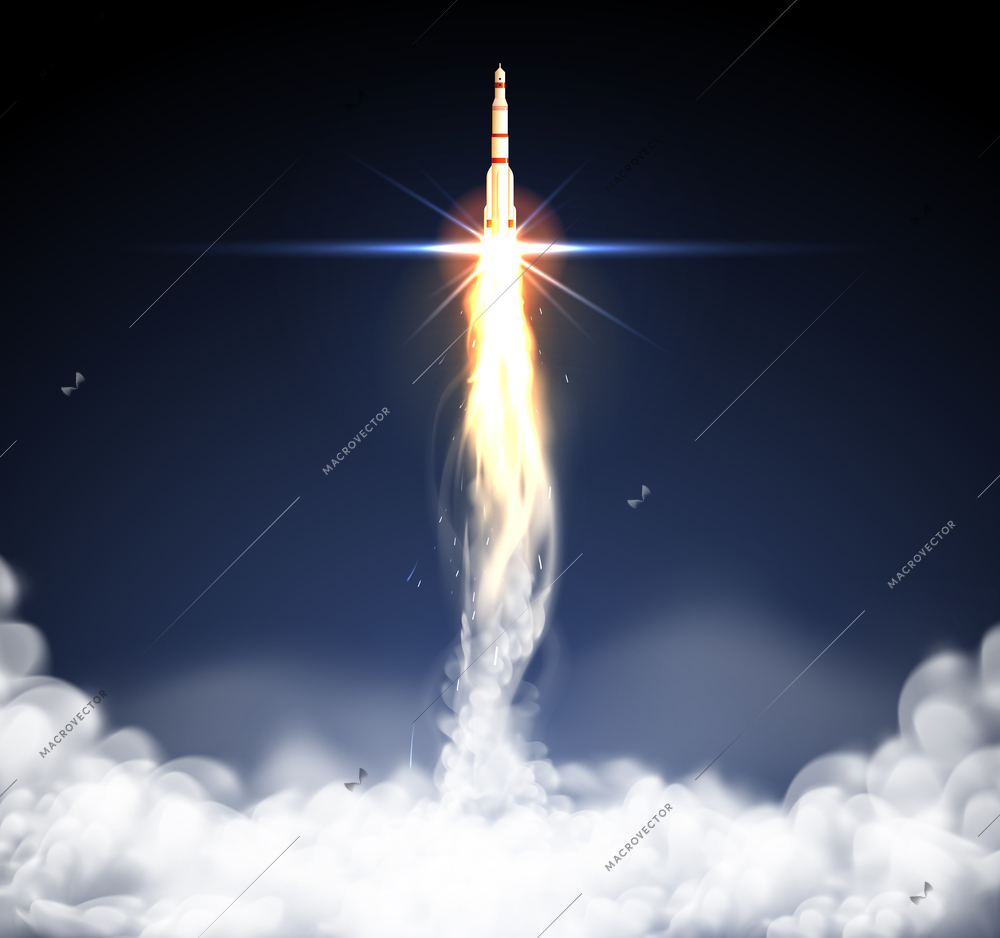 Realistic rocket square composition with view of flying  rocket with fire flame trails and smoke clouds vector illustration