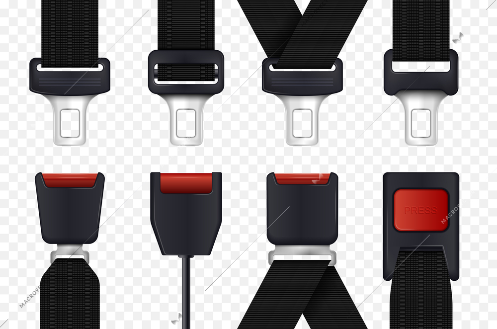 Realistic safety car set with isolated icons of seatbelt parts with plugs brackets on transparent background vector illustration