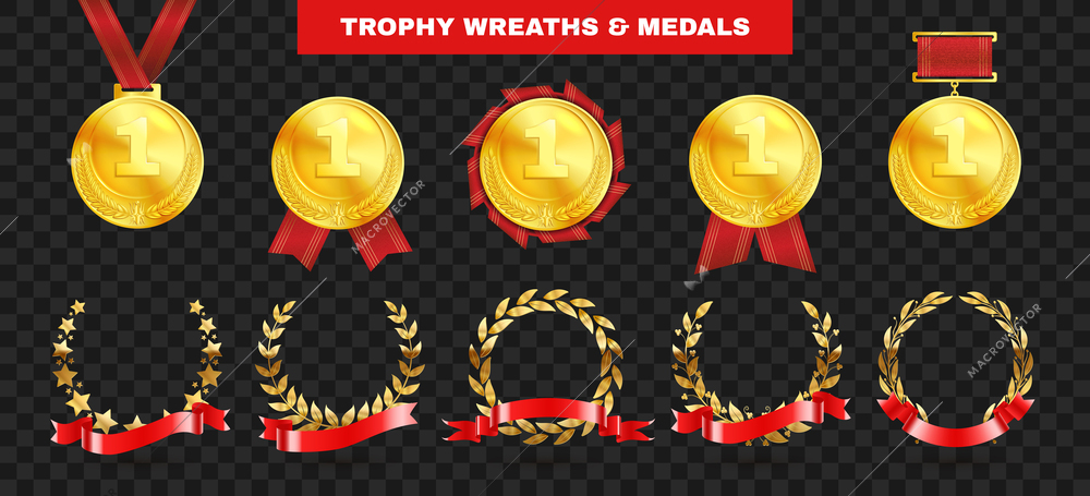 Trophy wreath ribbon wreath set with isolated images of golden medals red ribbons on transparent background vector illustration