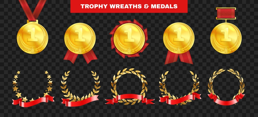 Trophy wreath ribbon wreath set with isolated images of golden medals red ribbons on transparent background vector illustration