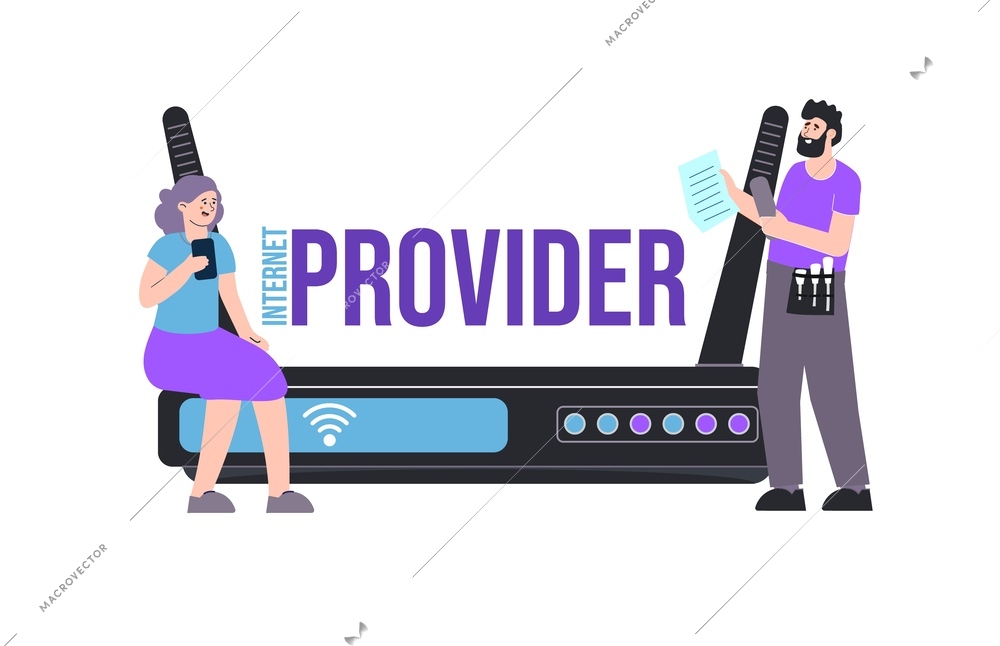 Internet installation provider flat composition of editable text front view of routing equipment with human characters vector illustration