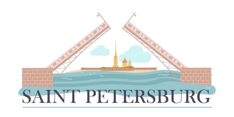 Saint petersburg flat text composition with isolated view of drawing bridge and historic buildings ornate letters vector illustration