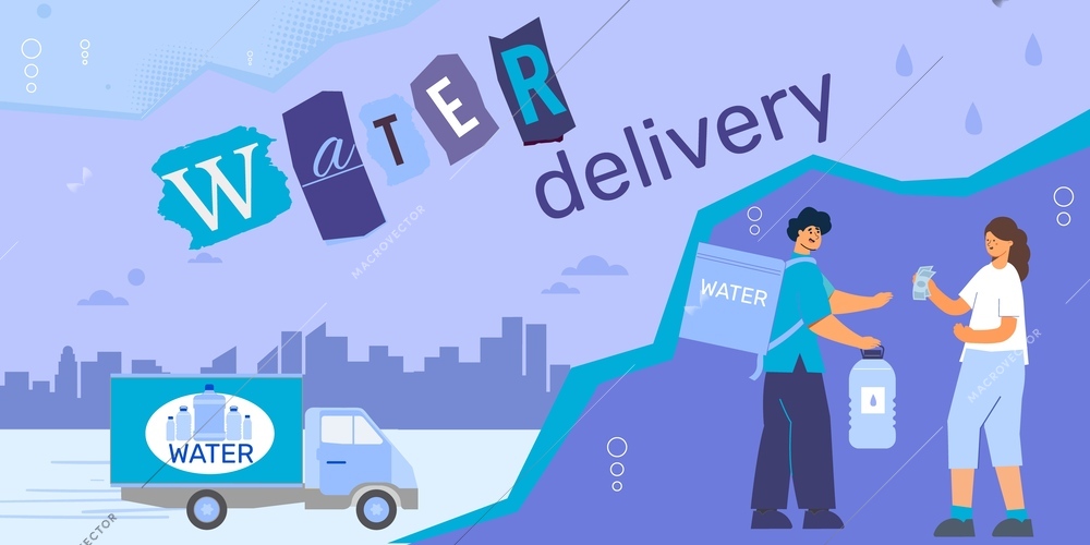 Water delivery composition with collage of flat icons with cityscape truck and characters of client worker vector illustration