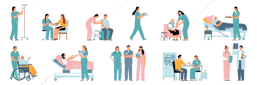 Nurse flat icons set with medical professional service scenes isolated vector illustration