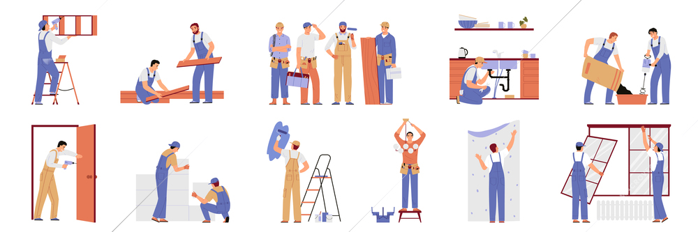 Home renovation flat icons set with handyman workers doing maintenance works isolated vector illustration