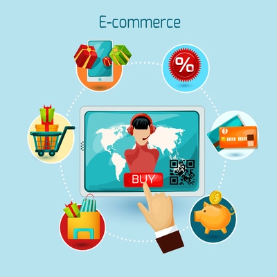 E-commerce concept with tablet computer and online shopping decorative icons set vector illustration