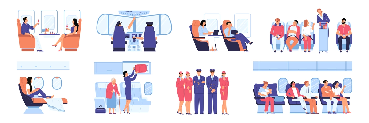 Airplane interior flat icons set with cabin crew and passengers isolated vector illustration