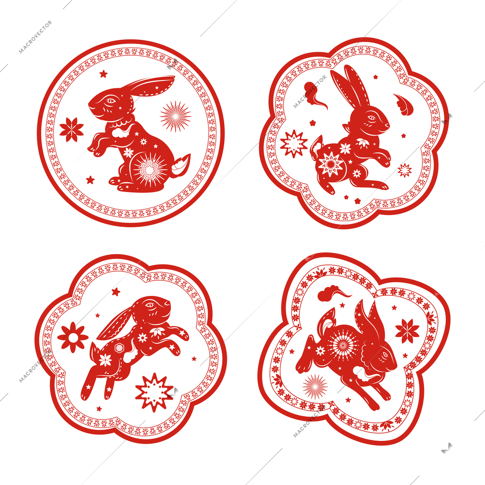 Traditional red festive emblems with rabbits as symbol of chinese new year 2023 isolated vector illustration