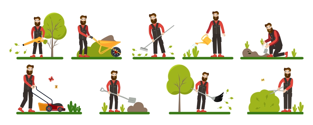 Professional gardeners flat icons set of people in uniform watering flowers mowing grass cutting bushes isolated vector illustration