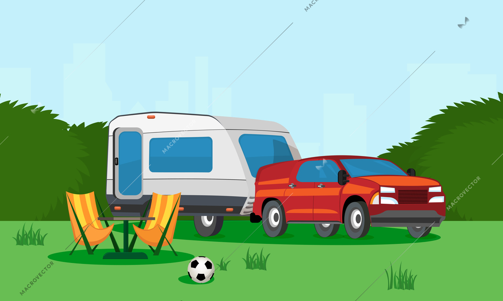 Summertime camping vacation flat composition with car and trailer using as mobile home on wheels with door and windows vector illustration