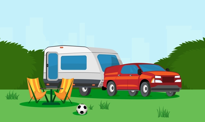 Summertime camping vacation flat composition with car and trailer using as mobile home on wheels with door and windows vector illustration