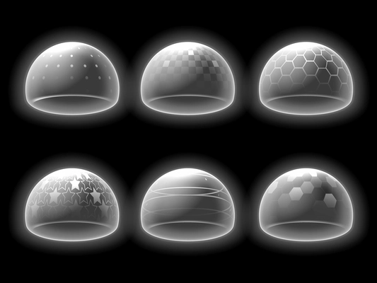 Realistic glowing bubble shields mockup with different abstract patterns in monochrome style on black  background isolated vector illustration