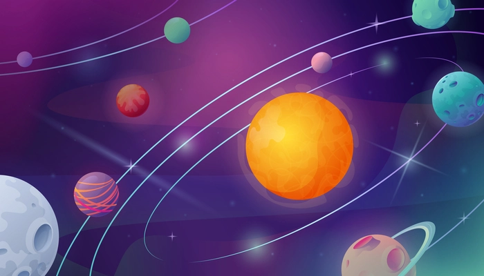 Space cartoon composition with colorful view of outer space with flying planets and glowing orbit trails vector illustration