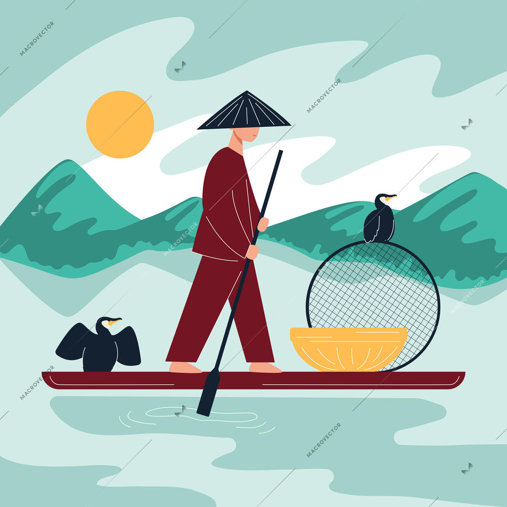 China symbol flat composition of landscape view with flat bottomed boat and standing man with paddle vector illustration