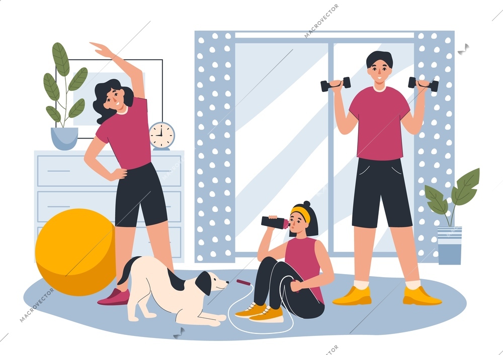 Home workout flat composition with front view of living room interior with family characters performing exercises vector illustration