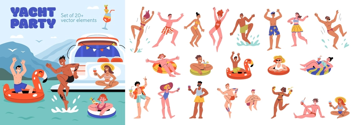 Yacht party set with flat isolated compositions of relaxing people with rubber rings cocktails wearing sunglasses vector illustration