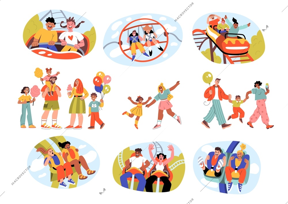 Amusement park flat set with compositions of family members teenagers going on rides on blank background vector illustration