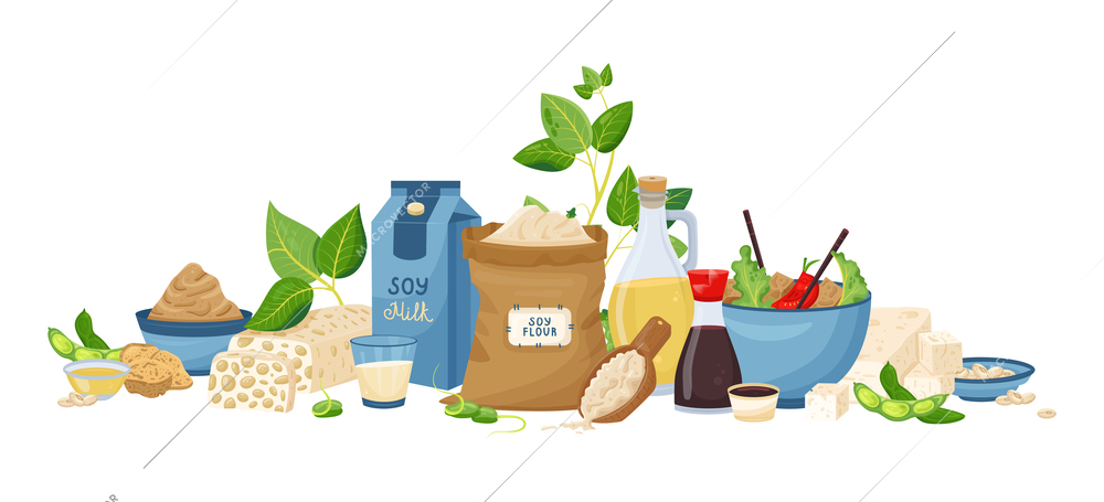 Natural soy products flat composition with bottles of sauce and oil sprouts bowl of miso paste carton of milk tempeh tofu vector illustration