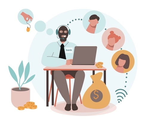 Social network security flat composition with character of scammer sitting at office workplace communicating with workers vector illustration