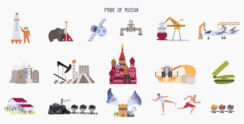 Russia symbol flat set with isolated compositions of oil gas factories sights rockets and human characters vector illustration