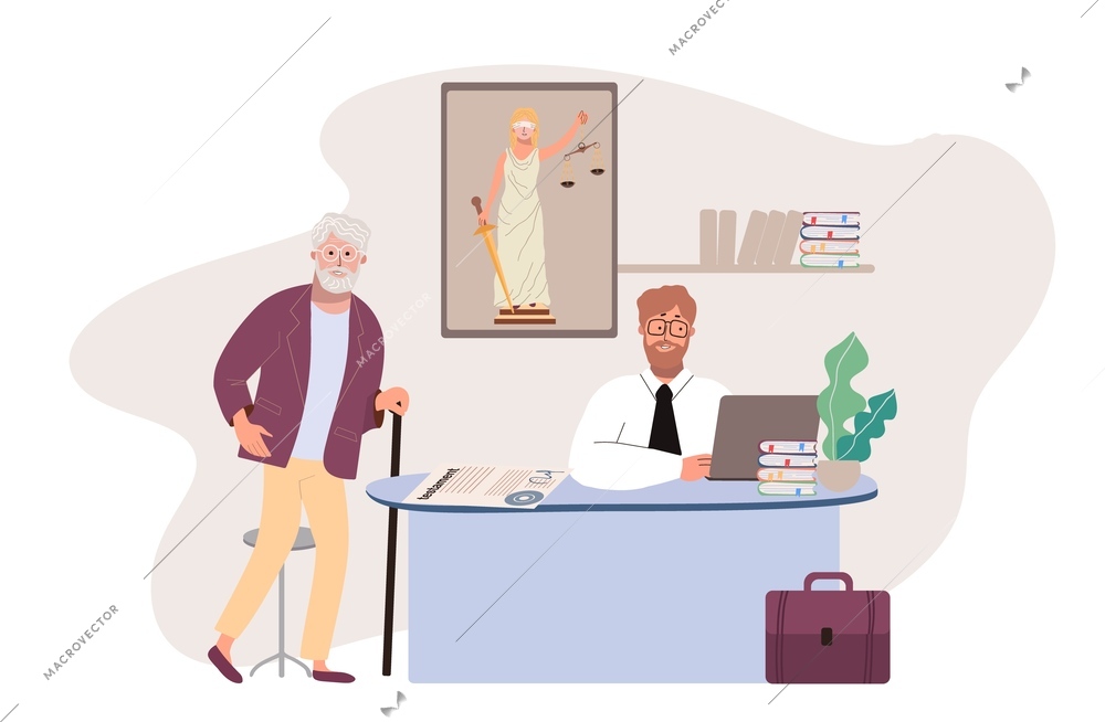 Notary flat composition with indoor view of lawyers office with elderly client and clerk working documents vector illustration