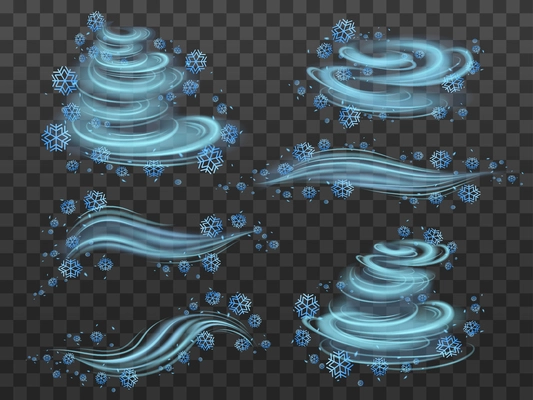 Wind swirls transparent winter set with snow vortex realistic isolated vector illustration