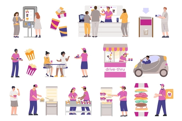 Fast food restaurant flat set of isolated icons with fastfood cafe counter kitchen and drive in vector illustration