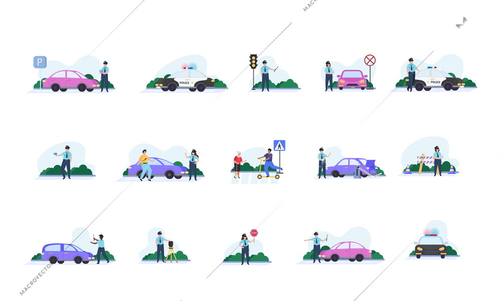 Traffic police flat icon set police traffic controller, works in the parking lot on the street checks drivers licenses cuts off traffic and works on the road vector illustration