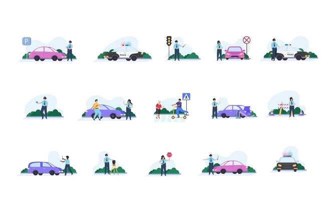 Traffic police flat icon set police traffic controller, works in the parking lot on the street checks drivers licenses cuts off traffic and works on the road vector illustration