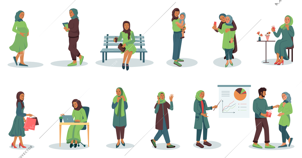 Hijab woman flat set of isolated female characters with muslim women performing various routines and tasks vector illustration
