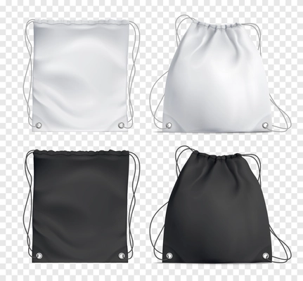 Drawstring bag 2x2 realistic design concept of black and white items on transparent background monochrome vector illustration