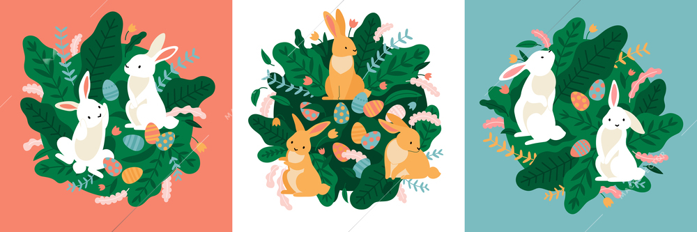 Rabbits easter set of three square compositions with cartoon animals fresh leaves foliage on solid background vector illustration