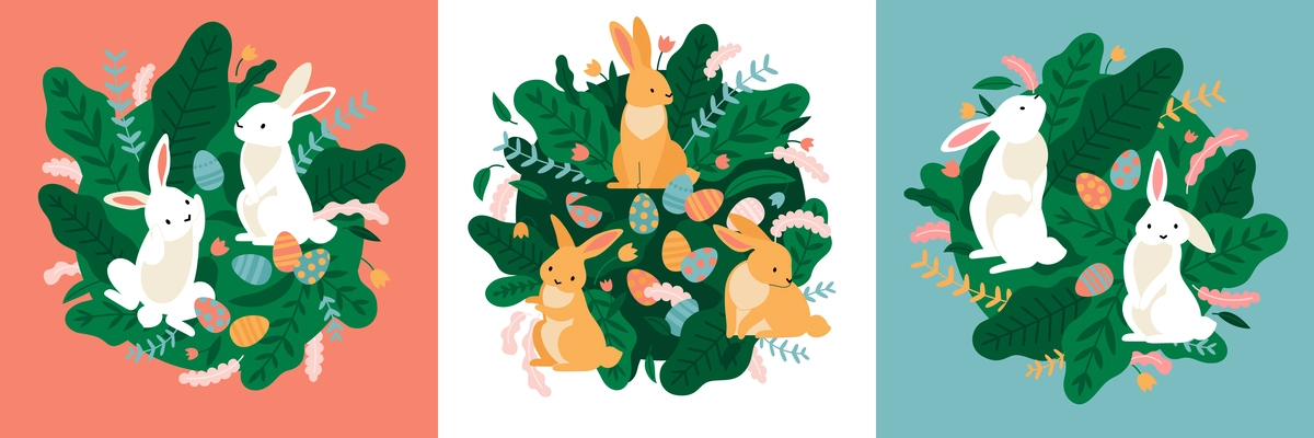 Rabbits easter set of three square compositions with cartoon animals fresh leaves foliage on solid background vector illustration