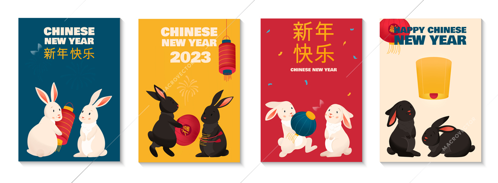Set of four isolated rabbit posters with chinese new year congratulation text and bunnies with decorations vector illustration