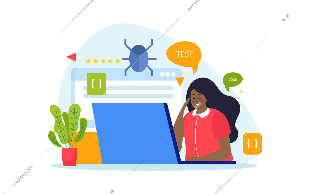 QA engineer composition with software testing symbols flat vector illustration