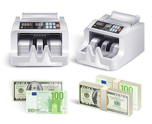 Realistic money counting machine set with banking apparatus views and stacks of dollar and euro banknotes vector illustration