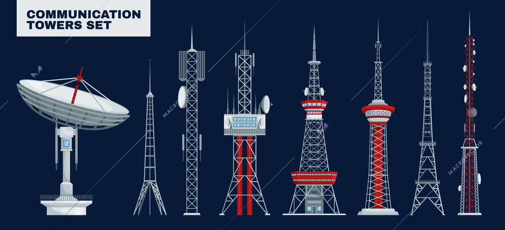 Communication towers set with text and isolated images of telecom towers with different design and antennas vector illustration